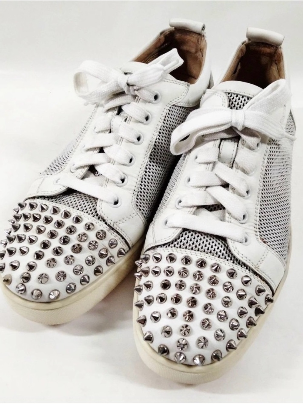 Christian Louboutin White Leather Sneakers with Silver Studded Toe